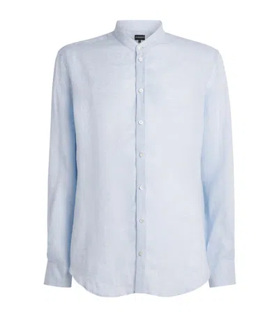 Emporio Armani Linen Guru-collar Shirt In Blue