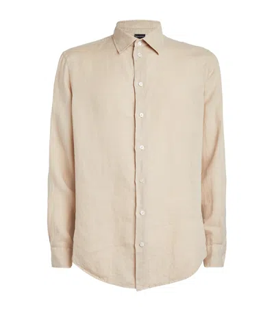 Emporio Armani Linen Band-collar Shirt In Beige/khaki