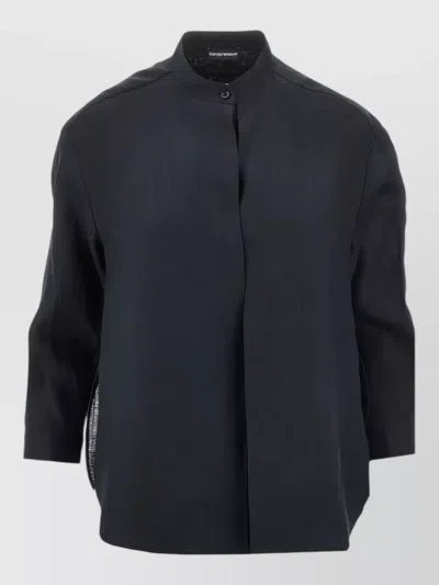 Emporio Armani Linen Shirt Long Sleeves Embroidered Detail In Blue