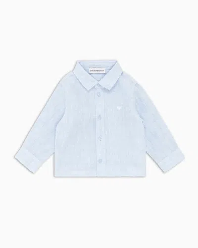 Emporio Armani Kids' Linen Shirt With Eagle Embroidery In Azure