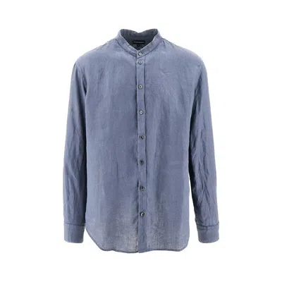 Emporio Armani Linen Shirt With Guru Collar In Blue