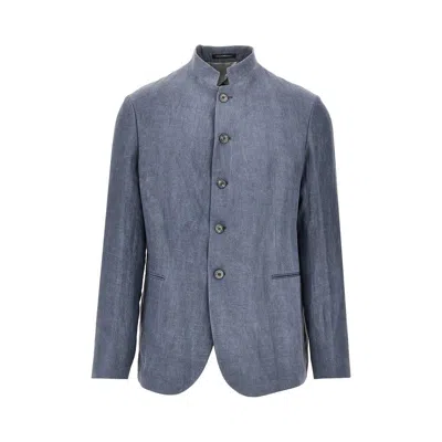 Emporio Armani Linen-blend Crepe Jacket With Guru Collar In Gray