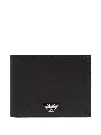 Emporio Armani Asv Regenerated Saffiano Leather Coin-pocket Wallet With Eagle Plate In Black