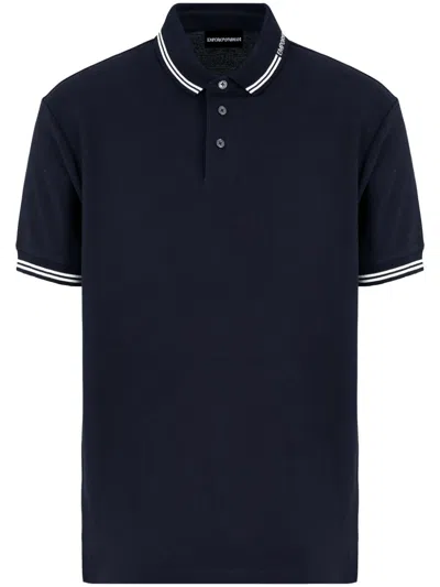 Emporio Armani Jersey Polo Shirt With All-over Jacquard Eagle In Navy Blue