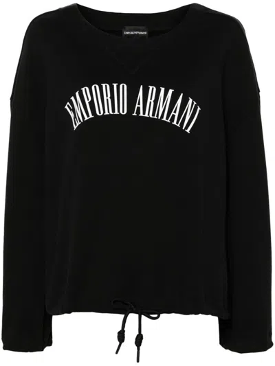 Emporio Armani Logo Cotton Drawstring Sweatshirt In Black