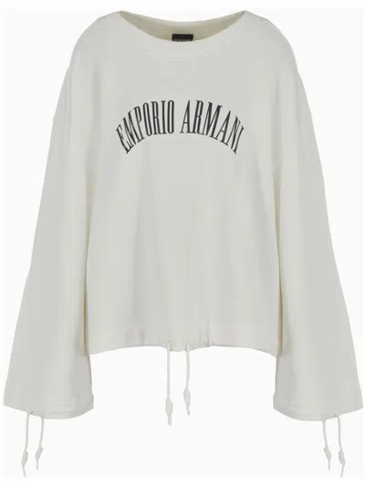 Emporio Armani Logo Cotton Drawstring Sweatshirt In White