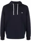 Emporio Armani Ribbed Navy Cotton Hoodie With Drawstring In Blue