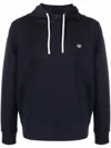 Emporio Armani Ribbed Navy Cotton Hoodie With Drawstring In Blue