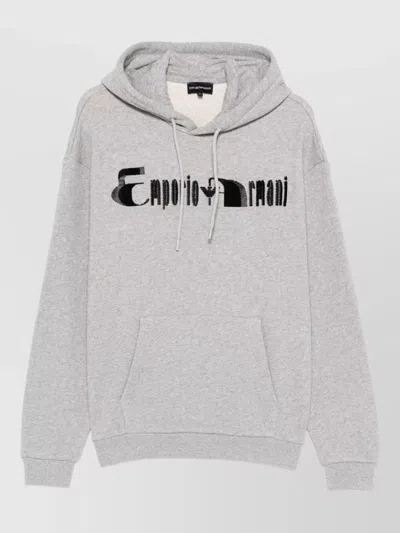 Emporio Armani Logo Cotton Hoodie Drawstring Hood Kangaroo Pocket In Gray