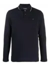 Emporio Armani Blue Long Sleeve Polo Shirt With Logo Embroidery In Stretch Cotton In Black