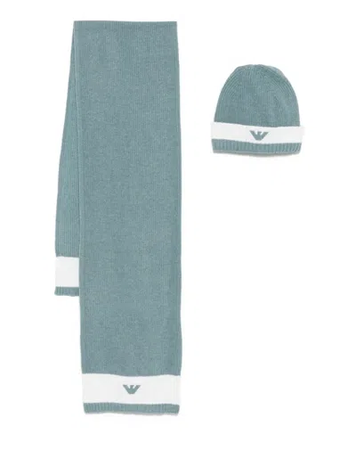 Emporio Armani Kids' Logo-detail Ribbed Hat Scarf Set In Blue
