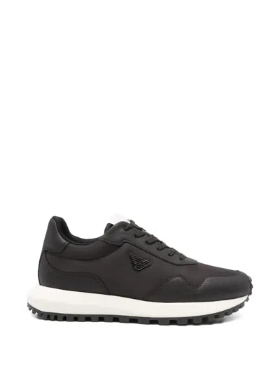 Emporio Armani Nylon Sneakers Featuring Logo Round Toe Rubber Sole In Black
