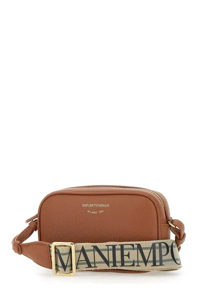 Emporio Armani Logo Detailed Zip-up Crossbody Bag In Leather Brown