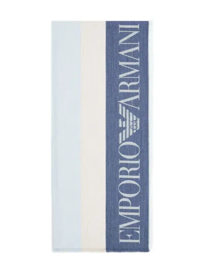 Emporio Armani Logo-embellished Striped Scarf In Blue