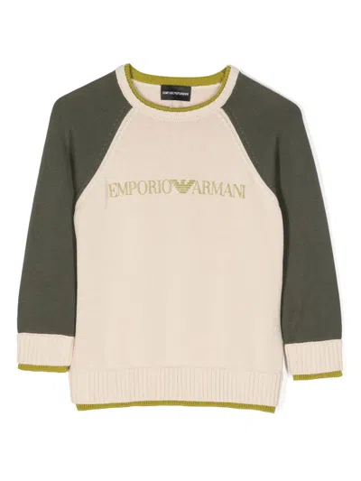 Emporio Armani Kids' Logo-embossed Fine-knit Jumper In Neutrals