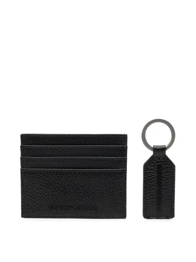 Emporio Armani Logo-embossed Leather Cardholder And Keyring In Black