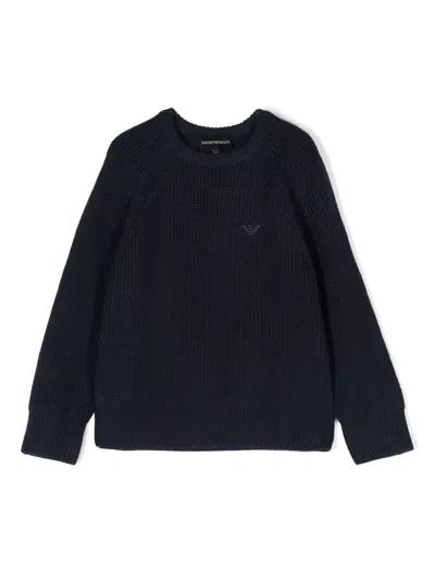 Emporio Armani Kids' Logo-embroidered Chunky-knit Jumper In Blue
