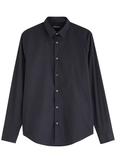 Emporio Armani Logo-embroidered Cotton-blend Poplin Shirt In Navy