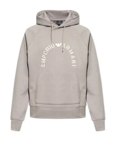 Emporio Armani Logo-embroidered Cotton Hoodie In Gray