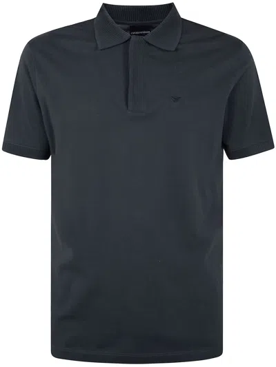 Emporio Armani Ribbed Collar Polo Shirt With Short Sleeves In Blue