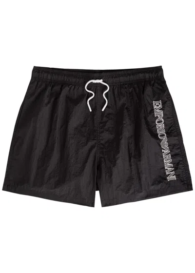 Emporio Armani Logo-embroidered Crinkled Nylon Swim Shorts In Black