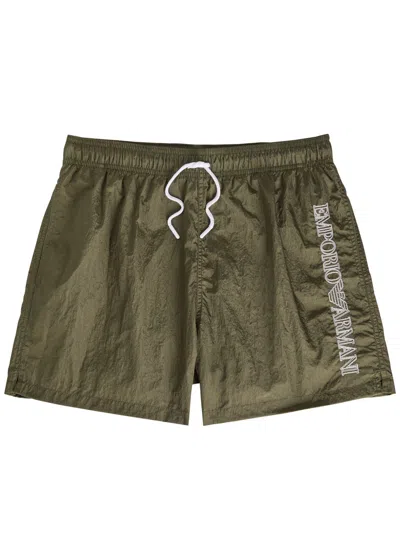 Emporio Armani Logo-embroidered Crinkled Nylon Swim Shorts In Green