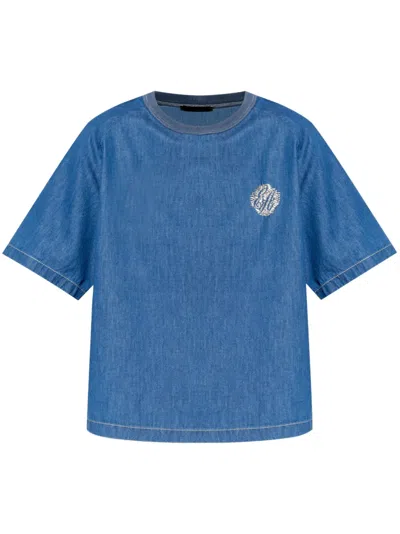 Emporio Armani Logo-embroidered Denim T-shirt In Blue