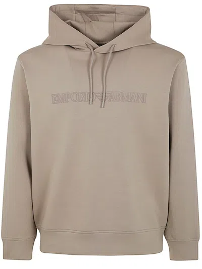 Emporio Armani Logo Embroidered Drawstring Hoodie In Brown