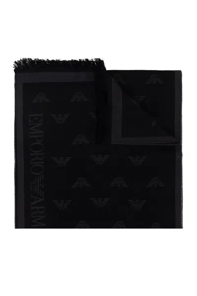 Emporio Armani Logo Embroidered Frayed Edge Knitted Scarf In Multi
