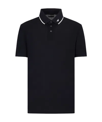 Emporio Armani Cotton Logo Polo Shirt With Contrast Trim In Blue