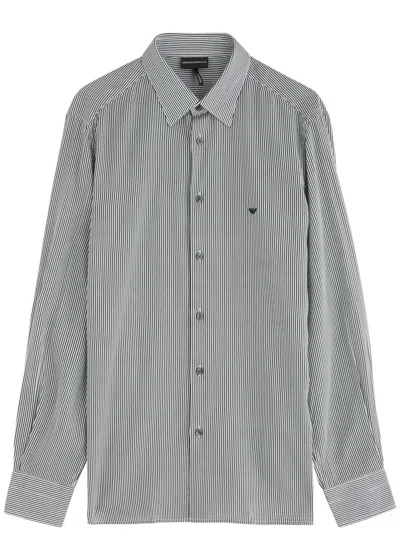 Emporio Armani Logo-embroidered Striped Lyocell-blend Shirt In Navy