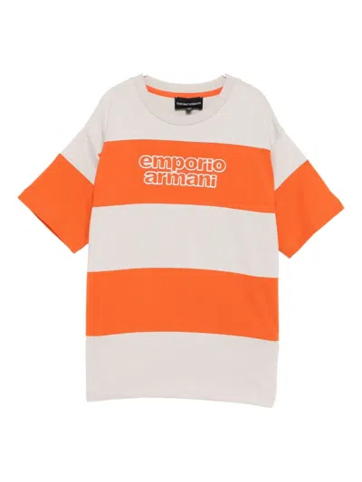 Emporio Armani Kids' Logo-embroidered Striped T-shirt In Orange