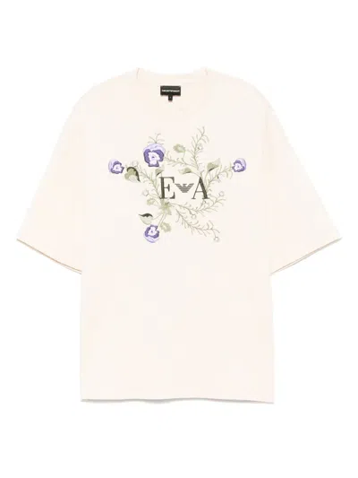 Emporio Armani Logo-embroidered T-shirt In Neutrals