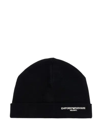 Emporio Armani Logo-embroidered Wool Beanie In Black