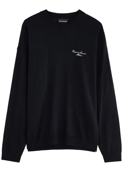 Emporio Armani Logo-embroidered Wool Jumper In Navy
