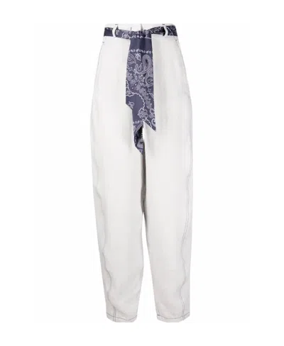 Emporio Armani Logo Headscarf With Belt High-waisted Linen Casual Pants In White