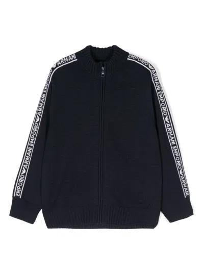 Emporio Armani Kids' Logo-intarsia Zip-up Sweater In Blue