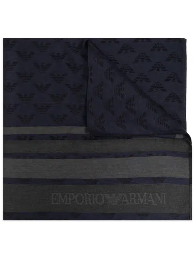 Emporio Armani Logo-jacquard Striped Scarf In Blue