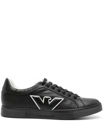 Emporio Armani Logo Leather Sneakers In Black