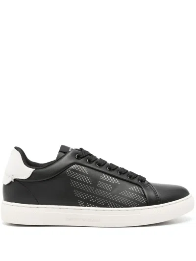 Emporio Armani Logo Leather Sneakers In Black