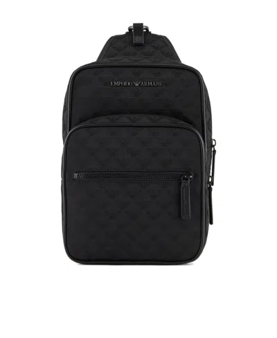 Emporio Armani Logo-lettering Monogram-jacquard Backpack In Black