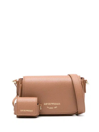 Emporio Armani Logo-lettering Pebbled Crossbody Bag In Brown