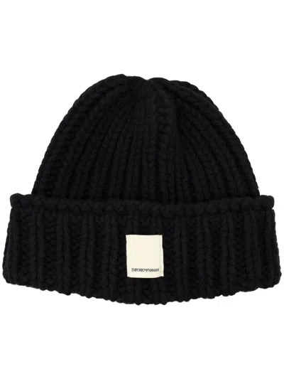 Emporio Armani Logo-patch Knitted Beanie In Black