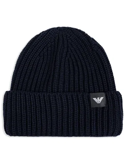 Emporio Armani Logo Patch Turn-up Brim Knitted Beanie In Blue