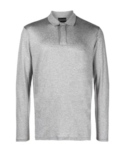 Emporio Armani Logo-patch Long-sleeve Polo Shirt In Gray