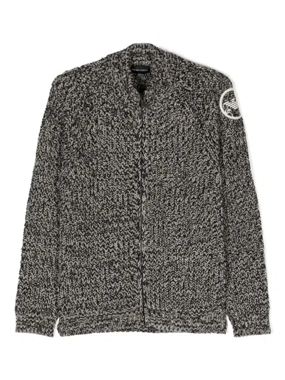 Emporio Armani Kids' Logo-patch Marl-knit Cardigan In Black