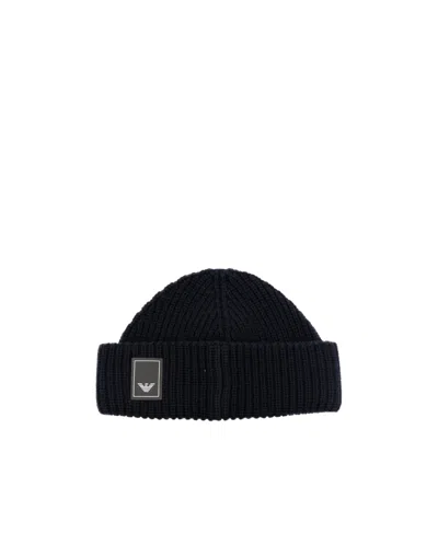 Emporio Armani Logo-patch Ribbed-knit Wool Beanie In Black