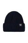 Emporio Armani Logo Patch Turn-up Brim Knitted Beanie In Blue