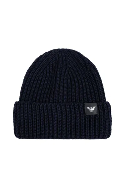 EMPORIO ARMANI LOGO PATCH TURN-UP BRIM KNITTED BEANIE