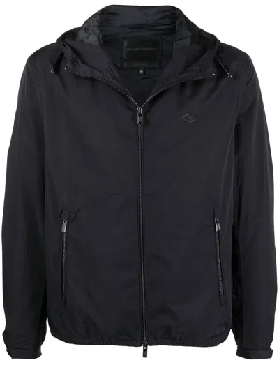 Emporio Armani Nylon Jacket With Hood And Zip Pockets In Blue